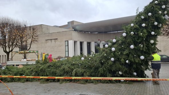 Vėjas nuvertė Alytaus miesto eglutę, kalėdiniai medžiai virsta ir kituose miestuose